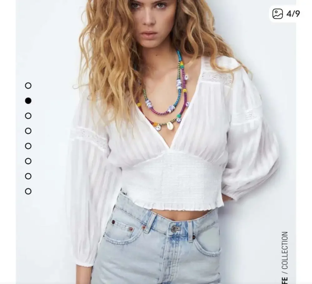 ZARA White Smocked Waist Crochet Trim V-Neck Puff Sleeve Blouse